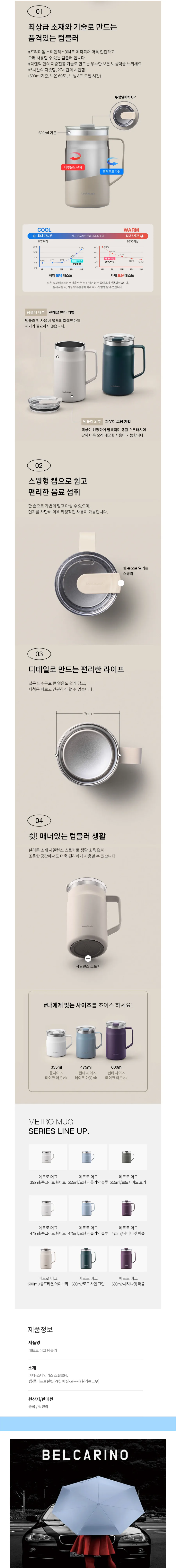 락앤락 뉴 메트로 머그 475ml 텀블러 + 3단 우양산 + 송월 40수 타월 160g 상세